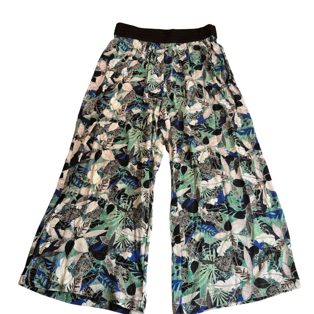 Robert Louis Wide Leg Palazzo Pants Tropical‎ Leaf Print Green Rayon Women L